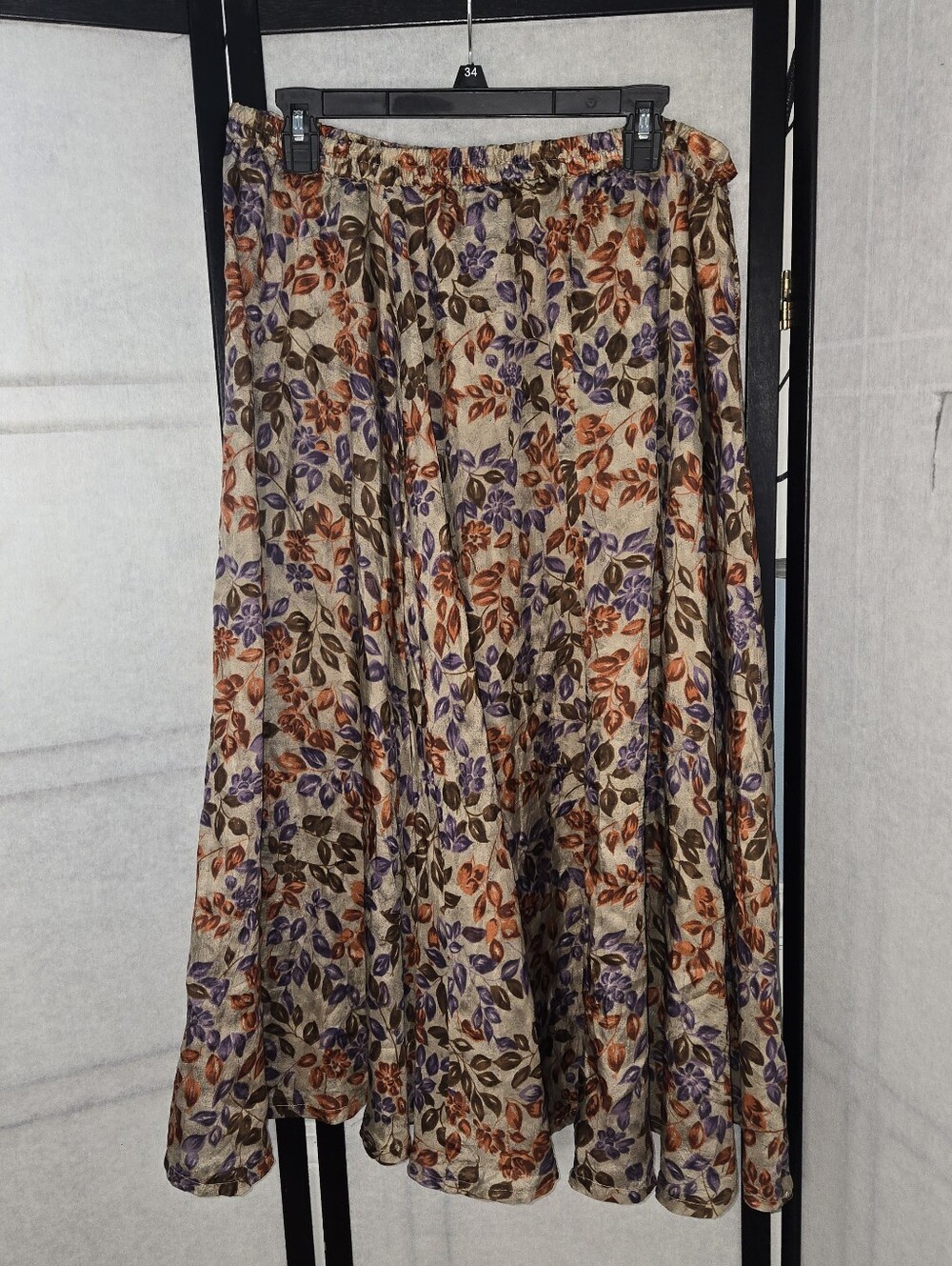 Vintage Silk Brown Orange Purple Floral Flowy Long Skirt Cottage Curvy XL-2x